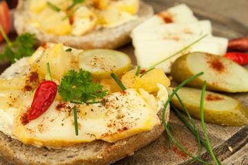 Bread and cheese. Healthy food for athletes. Dietary breakfast.
