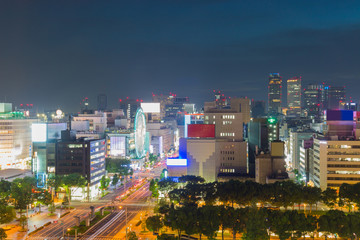 Obraz premium Nagoya city skyline with landmark of nagoya in twilight.