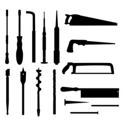 Set of repair tools, silhouettes. Screwdrivers, nails, saws. Illustration for web or typography magazine, brochure, flyer, poster , EPS 10. Black silhouettes, white background.