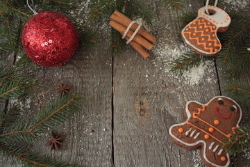Gingerbread, Christmas ornament, fir tree, snow on wooden background , cinnamon, star anise