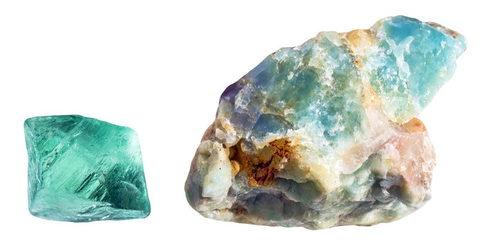Green minerals of fluorite and apatite on white background