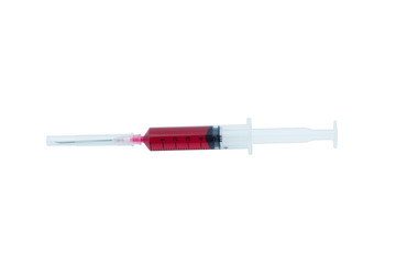 Fototapeta premium syringe with drop red blood liquid isolated on white background.