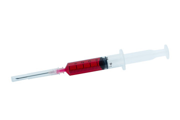 syringe with drop red blood liquid isolated on white background.
