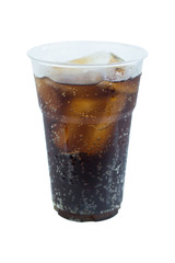 cola drink in plastic glass with ice isolated on white