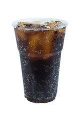 cola drink in plastic glass with ice isolated on white