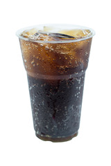 cola drink in plastic glass with ice isolated on white