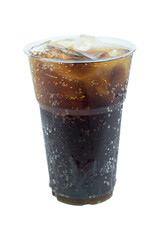 cola drink in plastic glass with ice isolated on white