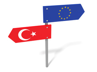 Disagreement: Turkey And EU Road Sign Pointing In Opposite Directions, 3d illustration