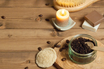 Handmade Coffee Scrub. Oat Soap. Luffa Sponge. Toiletries, Spa Set. Top View.