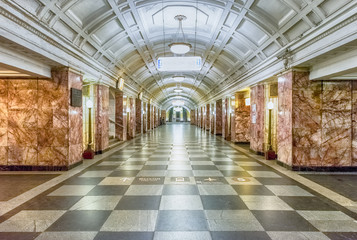 Interior of Belorusskaya subway station in Moscow, Russia