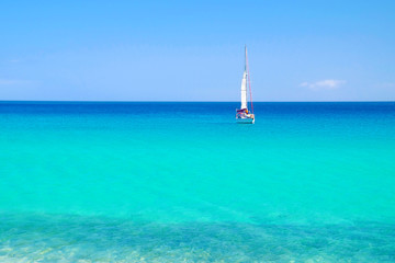 Blue sea with a white sailboat.