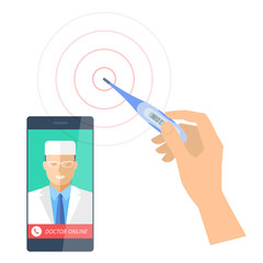 Smart phone with male doctor online and a hand is holding digital thermometer. Vector flat concept illustration of smartphone, medic and hand with an electronic instrument that measures temperature.