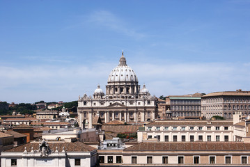 Fototapeta na wymiar The view to St. Peter's Basilica from top of Castle of Holy Angel in Rome.