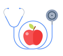 The stethoscope and an apple. Healthy food and lifestyle concept. Flat illustration of a fresh fruit and a phonendoscope. Vector design elements for healthcare, medical infographic, presentation.