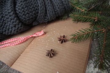 blank open notebook, Christmas tree, snow, gingerbread, new year