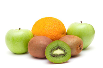 Orange kiwi and apples isolated on white background