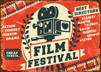 Grunge retro film festival poster. Vector illustration. © laralova