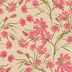 Fotobehang Seamless floral pattern background, flowers ornament wallpaper textile Illustration. red flowers on a beige background. © brusnika9