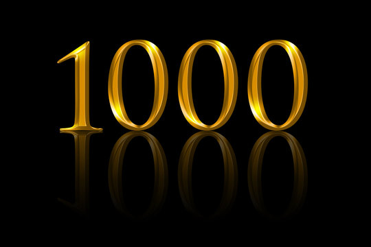 One thousand gold numbers on black background. A thousandth anniversary or attained value expressed with yellow orange colored metallic numerals. Illustration of reached aim.