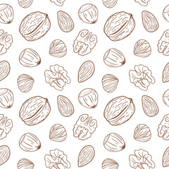 Fototapeta na wymiar Seamless pattern with assorted nuts: walnuts, almonds, hazelnuts. Whole and shelled nuts mix. Vector hand drawn seamless pattern for packaging, textile, interior, background and other designs. 