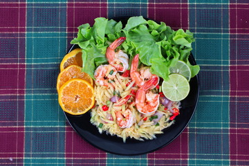 Spicy sour minced green mango salad with shrimp.