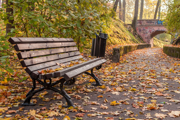 Autumn bench and path to the bridge