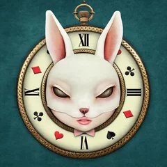 Foto op Aluminium Fantasy illustration with a pocket watch Wonderland and head mask bunny girl © annamei