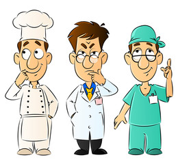 Cook, a scientist and a doctor. Cartoon. Set mascots.