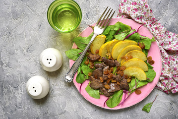 Warm autumn salad chard leaves,chicken liver,caramelized pear an