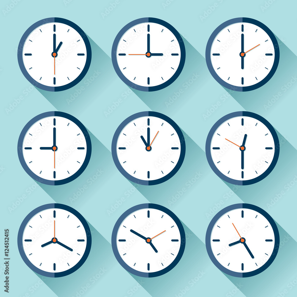 Poster clock icon set in flat style, nine timer on color background. vector design element