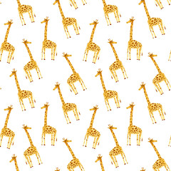 Fototapeta na wymiar Seamless pattern with yellow giraffe.Watercolor hand drawn illustration.White background.Animals image.