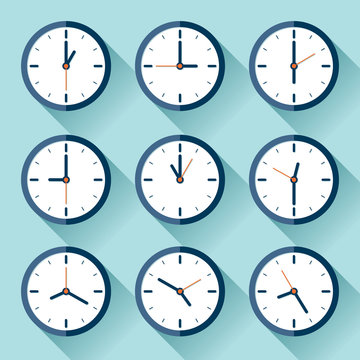 Clock icon set in flat style, nine timer on color background. Vector design element
