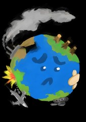 sad earth with pollution, deforestation, and war