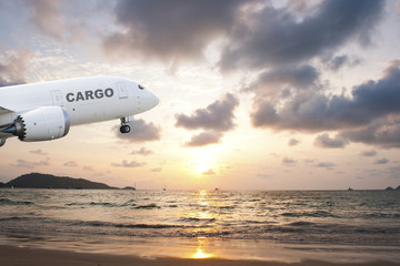 Fototapeta na wymiar Cargo airplane taking off at sunset