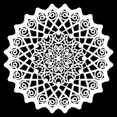 Lace round paper doily, lacy snowflake, greeting element,  template for cutting  plotter, round pattern, laser cut  template, doily to decorate the cake,  vector illustrations.