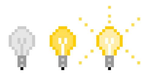 pixel art light bulb being turned off, turned on, and glowing with radius