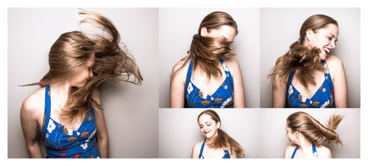 Stop action collage of a beautiful woman with black and purple hair creating motion with her hair.