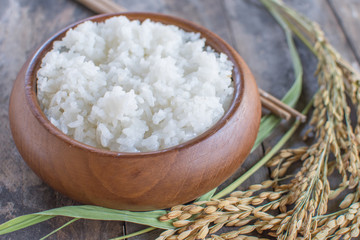 Cooked rice in wooden cup