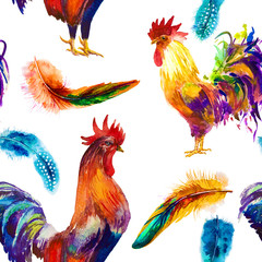 Fototapeta premium Rooster. Rooster Year. Chinese New Year of the Rooster. Watercolor Rooster New Year card.