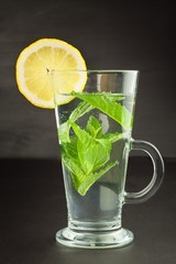 Refreshing mint and lemon. Homemade lemonade with fresh lemon and mint. Mint julep in glass on the wooden background.
