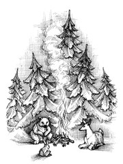 Cute Christmas card sketch. Forest animals near fire camp