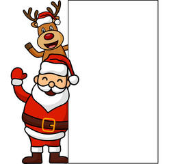 Cartoon santa claus and deer with blank sign