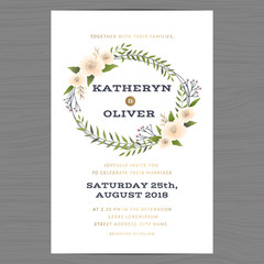 Wedding invitation card template with flower floral leaf background. Vector illustration.