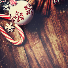 Christmas decorations on wooden background in vintage style. Chr