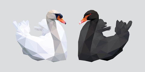 Naklejka premium Black and white swan with red beak low polygon isolated on gray background