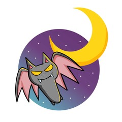 Colorful funny & creepy Halloween bat flying with crescent moon background.