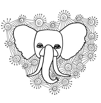 Black line head of elephant in the abstract ornament