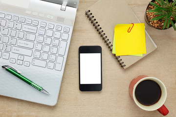 accessories office desk on wooden.