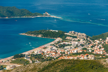 Panoramic landscape of Budva riviera in Montenegro. Balkans, Adriatic sea, Europe. View from the top of the mountain.