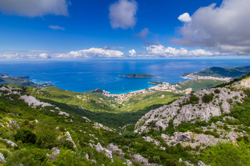 Panoramic landscape of Budva riviera in Montenegro. Balkans, Adriatic sea, Europe. View from the top of the mountain.